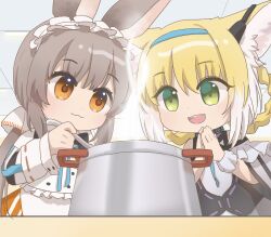 Rule 34 | 2girls, :3, animal ears, arknights, braid, braided hair rings, brown hair, closed mouth, colored tips, cooking, cooking pot, earpiece, fox ears, fox girl, green eyes, highres, holding, holding spoon, infection monitor (arknights), long hair, long sleeves, multicolored hair, multiple girls, open mouth, orange eyes, own hands together, palms together, rabbit ears, rabbit girl, simiload (bilulanlu299), spoon, steam, suzuran (arknights), teeth, twin braids, twintails, two-tone hair, upper teeth only, warmy (arknights), white hair
