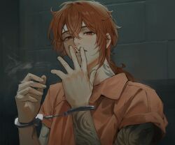 Rule 34 | 1boy, alternate costume, arm tattoo, cigarette, cuffs, diluc (genshin impact), genshin impact, hair between eyes, handcuffs, highres, long hair, male focus, mouth hold, neck tattoo, nokkusuart, open mouth, orange shirt, prison, prison clothes, red eyes, red hair, shirt, smile, solo, tattoo, teeth