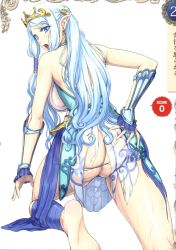 Rule 34 | 1girl, absurdres, ass, ass grab, back, blue eyes, blue hair, breasts, butt crack, crown, earrings, eiwa, highres, jewelry, large breasts, long hair, looking back, matching hair/eyes, open mouth, pointy ears, princess, queen&#039;s blade, queen&#039;s blade grimoire, solo, teeth, tiara, tina (queen&#039;s blade), tongue, wet