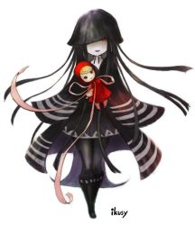 Rule 34 | 1girl, artist name, ayame (bravely), black hair, black pantyhose, boots, bravely default (series), bravely second: end layer, doll, highres, hood, ikusy, long hair, official art, one eye covered, pantyhose, red eyes, simple background, solo, standing, very long hair, white background, yoshida akihiko