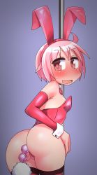 Rule 34 | 1girl, animal ears, ass, blush, breasts, rabbit ears, rabbit tail, playboy bunny, chiden, fake animal ears, highres, looking at viewer, nonohara yuzuko, pink eyes, pink hair, pole, small breasts, smile, solo, tail, yuyushiki
