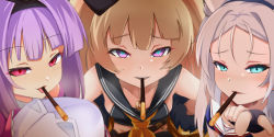 Rule 34 | 3girls, animal ear fluff, aoi minato (aoi3710blueport), azur lane, bache (azur lane), bad id, bad pixiv id, bare shoulders, black gloves, black sailor collar, blonde hair, blush, collarbone, commentary request, fingerless gloves, food, food in mouth, forehead, foreshortening, gloves, grey hair, heart, heart-shaped pupils, hobby (azur lane), light purple hair, looking at viewer, multiple girls, neckerchief, pocky, pocky day, pocky kiss, pointing, pointing at viewer, pov, purple eyes, red eyes, sailor collar, shared food, sidelocks, sims (azur lane), smile, smug, symbol-shaped pupils, yellow neckerchief