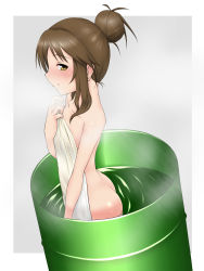 Rule 34 | 10s, 1girl, absurdres, ass, barrel, bath, blush, brown hair, collarbone, covering privates, cowboy shot, drum (container), dutch angle, eyebrows, flat chest, from side, grey background, hair bun, highres, holding, holding towel, idolmaster, idolmaster cinderella girls, ketagane, looking to the side, nude, parted lips, profile, sidelocks, simple background, single hair bun, smile, solo, standing, takamori aiko, towel, wading, water, yellow eyes