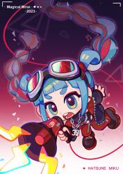 Rule 34 | 1girl, 39, aqua eyes, aqua hair, black jacket, black shirt, blunt bangs, braid, chain, chain necklace, character name, chibi, clothing cutout, commentary, ear piercing, eyeshadow, floating hair, full body, goggles, goggles on head, gradient background, hatsune miku, highres, holding, holding megaphone, jacket, jewelry, light blush, long hair, long sleeves, magical mirai (vocaloid), magical mirai miku, magical mirai miku (2023), makeup, megaphone, multicolored hair, musical note, navel, navel cutout, necklace, o-ring, open clothes, open jacket, open mouth, pants, piercing, quilted jacket, red eyeshadow, red hair, red pants, shirt, sidelocks, sleeveless, sleeveless shirt, solo, sparkle, stomach, suuroku, symbol-only commentary, twin braids, twintails, vocaloid