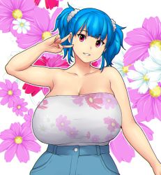 Rule 34 | 1girl, arm up, bad anatomy, bare shoulders, blue hair, breasts, erkaz, floral background, flower, hair ornament, hair scrunchie, highres, huge breasts, looking at viewer, medium hair, original, outline, parted lips, purple flower, red flower, rina atherina, scrunchie, smile, solo, strapless, twintails, v, white flower, white outline, white scrunchie