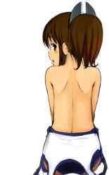 Rule 34 | 10s, 1girl, back, back focus, blush, brown eyes, brown hair, clothes pull, female focus, from behind, i-401 (kancolle), kantai collection, looking at viewer, looking back, momo (higanbana and girl), one-piece swimsuit, one-piece swimsuit pull, open mouth, personification, ponytail, school swimsuit, short hair, short ponytail, simple background, sitting, solo, swimsuit, undressing, white background