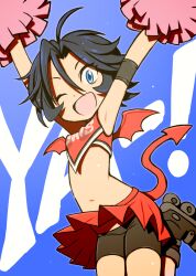 Rule 34 | 1girl, :d, ahoge, arched back, armband, armpits, arms up, beeru (veil8801), bike shorts, bike shorts under skirt, black hair, blue background, blue eyes, breasts, cheering, cheerleader, crop top, demon tail, demon wings, eyeshield 21, hair between eyes, highres, jumping, navel, open mouth, pom pom (cheerleading), red skirt, roller skates, skates, skirt, sleeveless, small breasts, smile, solo, tail, taki suzuna, text background, wings