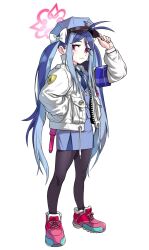 Rule 34 | :3, antenna hair, armband, black pantyhose, blue archive, blue armband, blue hair, blue necktie, blue skirt, blue vest, blush, bow, closed mouth, collared shirt, fubuki (blue archive), full body, hair bow, halo, hand in pocket, hand on headwear, hand up, highres, jacket, long hair, long sleeves, looking at viewer, mushroom (osh320), necktie, open clothes, open jacket, pantyhose, pencil skirt, pink footwear, police, police uniform, red eyes, shirt, shoes, sidelocks, simple background, skirt, sneakers, standing, twintails, uniform, very long hair, vest, white background, white bow, white jacket, white shirt