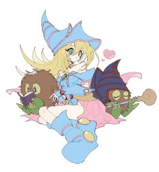 Rule 34 | 1girl, azu kichi, bare shoulders, blonde hair, blue footwear, blush stickers, book, boots, breasts, choker, commentary request, cosplay, dark magician, dark magician (cosplay), dark magician girl, duel monster, green eyes, hat, heart, holding, holding staff, kuriboh, long hair, looking at another, medium breasts, open book, open mouth, pentacle, reading, simple background, staff, wizard hat, yu-gi-oh!