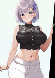 Rule 34 | 1girl, absurdres, aqua eyes, blush, bracelet, breasts, closed mouth, cowboy shot, crop top, earrings, green nails, hair ornament, hand up, highres, hololive, hololive indonesia, jewelry, large breasts, looking at viewer, midriff, navel, official alternate costume, otokucha, pants, pavolia reine, pavolia reine (street), purple hair, shirt, short hair, sleeveless, sleeveless shirt, smile, solo, stomach, virtual youtuber, white background, white pants