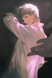 Rule 34 | 10nnnnn, 1boy, arm up, beckoning, black background, character request, collared shirt, dao mu bi ji, english text, from behind, grey hair, light smile, long sleeves, looking back, male focus, out of frame, parted lips, shirt, short hair, solo focus, sparkle, upper body, wet, white shirt
