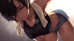 Rule 34 | 1girl, alpha-type, arm up, bent over, black hair, black tank top, breasts, brown eyes, collarbone, commentary request, exercising, gradient background, hand in own hair, highres, large breasts, lips, looking at viewer, messy hair, midriff, mikasa ackerman, muscular, muscular female, parted lips, shingeki no kyojin, short hair, shorts, simple background, solo, steam, steaming body, sweat, tank top, thighs, towel, towel around neck, very sweaty