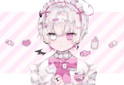 Rule 34 | 1boy, angel wings, closed mouth, crescent, demon wings, earrings, grey hair, halo, heterochromia, highres, hiro 0607, jewelry, looking at viewer, maid headdress, male focus, melting halo, mini wings, multicolored background, multiple earrings, original, pink background, pink eyes, shirt, striped, striped background, white background, white eyes, white hair, white shirt, wings