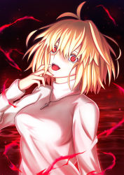 Rule 34 | 1girl, absurdres, antenna hair, arcueid brunestud, aura, blonde hair, blood, breasts, commentary request, dark aura, dark persona, hair between eyes, hair intakes, hand on own face, harukey, highres, jewelry, long sleeves, looking at viewer, medium breasts, necktie, open mouth, pool of blood, red arcueid, red eyes, short hair, slit pupils, solo, sweater, teeth, tongue, tsukihime, tsukihime (remake), turtleneck, turtleneck sweater, upper body, upper teeth only, white sweater