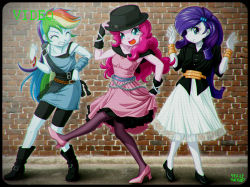 Rule 34 | 3girls, adjusting clothes, adjusting headwear, blue eyes, blue skin, brick wall, closed eyes, colored skin, dress, fedora, hair ornament, hairclip, hat, high heels, long hair, multicolored hair, multiple girls, my little pony, my little pony: equestria girls, my little pony: friendship is magic, pantyhose, personification, pink hair, pink skin, pinkie pie, purple hair, rainbow dash, rainbow hair, rarity (my little pony), shorts, shorts under skirt, tagme, uotapo, very long hair, viewfinder, white skin