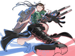 Rule 34 | 1girl, asymmetrical legwear, black gloves, black thighhighs, boots, brown eyes, brown hair, clenched teeth, commentary request, dated, elbow gloves, gegeron, gloves, green jacket, hair ribbon, highres, jacket, kantai collection, knee boots, looking ahead, pelvic curtain, ribbon, rigging, serious, side slit, signature, single elbow glove, single thighhigh, solo, teeth, thighhighs, tone (kancolle), tone kai ni (kancolle), turret, twintails, uneven legwear, white background, white ribbon