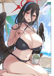 Rule 34 | 1girl, absurdres, alternate costume, bare shoulders, beach, bikini, black bikini, black choker, black hair, blue archive, blush, braid, braided ponytail, breasts, choker, cleavage, commentary request, day, emirio (emirio110), food, hair between eyes, halo, hasumi (blue archive), highres, holding, huge breasts, kneeling, long hair, looking at viewer, low wings, mole, mole under eye, navel, ocean, outdoors, parasol, parted lips, ponytail, red eyes, signature, smile, solo, stomach, swimsuit, thighs, umbrella, water, wings