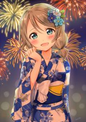 Rule 34 | 1girl, bico (bicoris), fireworks, highres, japanese clothes, kimono, looking at viewer, love live!, love live! school idol festival, love live! sunshine!!, solo, watanabe you