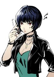 Rule 34 | 1girl, anger vein, aqua shirt, black jacket, blue hair, bob cut, bracelet, cellphone, collarbone, highres, holding, holding phone, igusaharu, jacket, jewelry, nail polish, open clothes, open jacket, pendant, persona, persona 5, phone, red eyes, red lips, red nails, shirt, short hair, simple background, sketch, smartphone, solo, takemi tae, talking on phone, upper body, white background