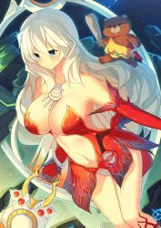 Rule 34 | 1girl, armpits, artemis (fate), artemis (third ascension) (fate), bare shoulders, blue eyes, blush, breasts, cleavage, closed mouth, cowboy shot, detached sleeves, fate/grand order, fate (series), from side, jewelry, large breasts, long hair, looking away, navel, necklace, orion (bear) (fate), panties, revealing clothes, smile, underwear, ureshiijelek, very long hair, white hair, white panties