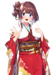 Rule 34 | 1girl, 2021, :d, absurdres, baffu, blue eyes, blush, breasts, breath, brown hair, clenched hand, commentary request, floral print, fur trim, hair bun, hair ornament, hands up, highres, hitoyo (baffu), japanese clothes, kimono, large breasts, long sleeves, looking at viewer, new year, obi, open hand, open mouth, original, red kimono, sash, simple background, single hair bun, smile, solo, translated, upper body, wide sleeves