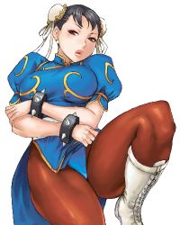 Rule 34 | 1girl, black hair, boots, bracelet, breasts, bun cover, capcom, china dress, chinese clothes, chun-li, cross-laced footwear, crossed arms, double bun, dress, jewelry, knee boots, large breasts, leg up, legs, lips, lowres, matoyama, pantyhose, pelvic curtain, short hair, solo, spiked bracelet, spikes, street fighter, thick thighs, thighs