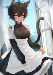 Rule 34 | 1girl, ahoge, animal ear fluff, animal ears, apron, blurry, breasts, brown eyes, brown hair, cat ears, clothes lift, commentary, dark-skinned female, dark skin, depth of field, dress, dress lift, fang, highres, kura noi, large breasts, long sleeves, maid, maid apron, open mouth, open window, original, short hair, solo, symbol-only commentary, tail, window