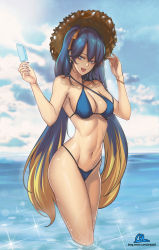 Rule 34 | 1girl, alternate hair color, arcade sona, bangle, bikini, blue bikini, blue eyes, blue hair, blue nails, bracelet, breasts, cal (pmgdd), cleavage, criss-cross halter, day, earrings, food, hair ribbon, halterneck, hat, highres, jewelry, large breasts, league of legends, long hair, multicolored hair, nail polish, navel, ocean, open mouth, popsicle, revision, ribbon, solo, sona (league of legends), sun hat, swimsuit, toned, twintails, two-tone hair, very long hair, wading, watermark, web address, wet