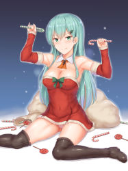 Rule 34 | 10s, 1girl, aqua hair, bare shoulders, blush, bow, breasts, cai geng, candy, candy cane, christmas tree hair ornament, cleavage, covered navel, detached collar, elbow gloves, fingerless gloves, food, fur-trimmed gloves, fur trim, gloves, green bow, green eyes, hair between eyes, hair ornament, highres, kantai collection, large breasts, licking lips, lollipop, long hair, looking at viewer, panties, pink panties, red gloves, santa costume, sitting, solo, suzuya (kancolle), tongue, tongue out, underwear