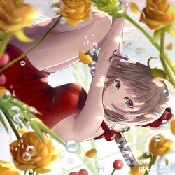 Rule 34 | 1girl, air bubble, alternate costume, alternate eye color, alternate hair color, bare arms, bare legs, bare shoulders, blue eyes, blurry, blurry foreground, blush, bow, breasts, brown hair, bubble, closed mouth, depth of field, dress, fate/grand order, fate (series), feet out of frame, flower, from side, hair bow, hakuda tofu, halter dress, halterneck, highres, katana, looking at viewer, looking to the side, medium breasts, okita souji (fate), okita souji (koha-ace), petals, red bow, red dress, rose, rose petals, sheath, sheathed, short hair, sleeveless, sleeveless dress, solo, submerged, sword, underwater, upside-down, water, weapon, yellow flower, yellow rose