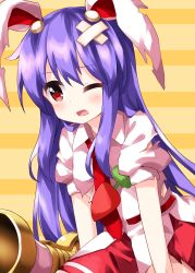 Rule 34 | 1girl, animal ears, bandages, belt, carrot, collared shirt, highres, holding, holding weapon, long hair, looking away, lunatic gun, necktie, one eye closed, open mouth, puffy short sleeves, puffy sleeves, purple hair, rabbit ears, red belt, red eyes, red necktie, red skirt, reisen udongein inaba, ruu (tksymkw), shirt, short sleeves, skirt, solo, standing, striped, striped background, torn clothes, touhou, weapon, white shirt, yellow background
