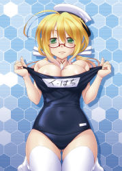 Rule 34 | 10s, 1girl, ahoge, ayato, bad id, bad pixiv id, bare shoulders, between breasts, blonde hair, blush, breasts, glasses, green eyes, hair ribbon, hat, highres, i-8 (kancolle), kantai collection, kneeling, large breasts, looking at viewer, one-piece swimsuit, red-framed eyewear, ribbon, school swimsuit, solo, swimsuit, thighhighs, white thighhighs