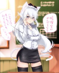 Rule 34 | 1girl, absurdres, adjusting eyewear, aged up, alternate costume, animal ears, azur lane, bespectacled, black thighhighs, blue eyes, blurry, blurry background, blush, bow, breasts, cat ears, chalkboard, collarbone, commentary request, glasses, hair bow, hammann (azur lane), highres, long hair, looking at viewer, medium breasts, rurekuchie, solo, standing, table, teacher, thighhighs, translation request, white hair