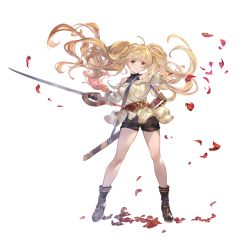 Rule 34 | 1girl, blonde hair, brown eyes, closed mouth, floating hair, granblue fantasy, hand up, holding, holding sword, holding weapon, looking at viewer, minaba hideo, monika weisswind, official art, petals, shirt, shoes, shorts, simple background, solo, standing, sword, transparent background, unsheathed, weapon