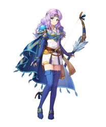 Rule 34 | 1girl, aqua eyes, armor, belt, blue cape, blue footwear, blue gloves, boots, bow (weapon), breastplate, cape, chachie, closed mouth, dress, elbow gloves, feathers, fingerless gloves, fire emblem, fire emblem: the blazing blade, fire emblem heroes, florina (fire emblem), full body, gloves, hair ornament, headband, highres, holding, holding bow (weapon), holding weapon, long hair, looking at viewer, nintendo, non-web source, official art, purple hair, quiver, short dress, shoulder armor, skirt, smile, solo, standing, thigh boots, thighhighs, transparent background, weapon, white dress, zettai ryouiki