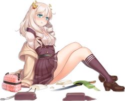 Rule 34 | 1girl, aqua eyes, artist request, blade, blonde hair, character request, hair ornament, crossed legs, loafers, long hair, long sleeves, off shoulder, official art, shinken!!, shoes, simple background, sitting, skirt, solo, white background