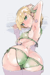 Rule 34 | 1girl, armpits, arms (game), ass, bikini, blonde hair, bob cut, bracelet, breasts, butt crack, covered erect nipples, green bikini, green eyes, highres, jewelry, large breasts, looking at viewer, looking back, min min (arms), partially submerged, pool, pursed lips, short hair, sideboob, solo, string bikini, swimsuit, takayama toshinori, twisted torso, water, wet