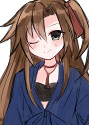 Rule 34 | absurdres, breasts, brown hair, green eyes, highres, if (neptunia), japanese clothes, kimono, long hair, neptune (series), one eye closed, rairai vortext, sidetail, small breasts, smile, wink