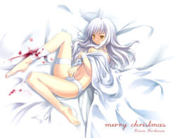 Rule 34 | 00s, 1girl, bandages, bandages, barefoot, bed, bed sheet, blood, bloody bandages, caren hortensia, character name, christmas, fate/hollow ataraxia, fate/stay night, fate (series), feet, injury, long hair, lying, on side, panties, senji (tegone spike), solo, underwear, white hair, white panties, yellow eyes