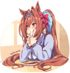 Rule 34 | 1girl, animal ears, blue shirt, blush, breasts, brown hair, daiwa scarlet (umamusume), elbow rest, fuusuke (fusuke208), hair intakes, hands on own face, highres, horse ears, long hair, long sleeves, mechanical pencil, medium breasts, notebook, own hands together, parted lips, pencil, red eyes, revision, sailor collar, school uniform, shirt, sitting, solo, table, tiara, tracen school uniform, twintails, twintails day, twitter username, umamusume, upper body, very long hair
