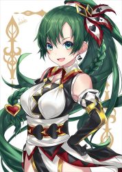 Rule 34 | 1girl, armpits, bad id, bad twitter id, braid, cowboy shot, detached collar, earrings, fire emblem, fire emblem: the blazing blade, fire emblem heroes, fleur-de-lis, green eyes, green hair, hand on own hip, high ponytail, highres, jewelry, long hair, looking at viewer, lyn (fire emblem), nintendo, open mouth, pelvic curtain, ponytail, ringozaka mariko, side slit, simple background, smile, solo, standing, v-shaped eyebrows, very long hair, white background