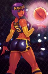 Rule 34 | 1girl, 2018, alternate costume, ass, bad id, bad twitter id, ball, basketball, basketball (object), basketball uniform, blue eyes, blunt bangs, bob cut, breasts, capcom, chain-link fence, character name, commentary, dark-skinned female, dark skin, detached sleeves, english commentary, fence, from behind, front-tie top, headband, hip focus, kneehighs, kneepits, lips, lipstick, looking back, makeup, medium breasts, menat, midriff, nose, purple hair, purple lips, robaato, short shorts, shorts, signature, socks, solo, sportswear, street fighter, wide hips, wristband
