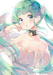 Rule 34 | 1girl, angel wings, aqua eyes, aqua hair, bare shoulders, bell, neck bell, blush, breasts, cleavage, collar, collarbone, detached sleeves, dress, dress flower, frilled collar, frilled sleeves, frills, hair ornament, hatsune miku, highres, long hair, looking at viewer, medium breasts, parted lips, see-through, solo, twintails, twitter username, upper body, very long hair, vocaloid, white background, white dress, wings, yuna (deadawon)