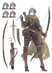 Rule 34 | 1girl, ahoge, angry, archery, arrow (projectile), boots, bow (weapon), character sheet, commentary request, expressions, expressive hair, full body, highres, holding, holding bow (weapon), holding weapon, jun (navigavi), knife, longbow (navigavi), looking at viewer, multiple views, original, quiver, scared, short hair, silver hair, simple background, smile, weapon, white background