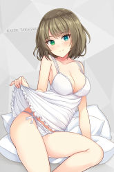 Rule 34 | 10s, 1girl, arm support, bare legs, bare shoulders, blue eyes, breasts, camisole, camisole lift, character name, cleavage, closed mouth, clothes lift, collarbone, frilled panties, frills, green eyes, green hair, grey background, heterochromia, idolmaster, idolmaster cinderella girls, lifting own clothes, looking at viewer, matching hair/eyes, medium breasts, mole, mole under eye, panties, pillow, short hair, shuuichi, simple background, sitting, smile, solo, takagaki kaede, underwear, white panties, yokozuwari