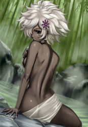 Rule 34 | 1girl, afro, arm support, ass, back, bamboo, bamboo forest, breasts, dark skin, dark-skinned female, eiwa, fingernails, forest, grasshopper manufacture, hair ornament, hair over one eye, highres, long fingernails, looking back, nail, nature, no more heroes, nude, onsen, purple eyes, shinobu jacobs, short hair, small breasts, solo, steam, towel, very dark skin, water, white hair