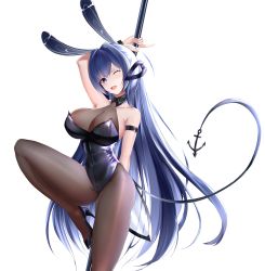 Rule 34 | 1girl, absurdres, anchor ornament, animal ears, arm strap, azur lane, black footwear, black leotard, black pantyhose, blue eyes, blue hair, bodystocking, breasts, cleavage, detached collar, fake animal ears, high heels, highres, huge breasts, huge filesize, leg up, leotard, long hair, looking at viewer, new jersey (azur lane), new jersey (exhilarating steps!) (azur lane), official alternate costume, one eye closed, oversized breast cup, pantyhose, playboy bunny, pole, pole dancing, rabbit ears, see-through, see-through cleavage, shoes, simple background, skin tight, strapless, strapless leotard, stripper, stripper pole, tsuru ai momono, very long hair, white background, wrist cuffs