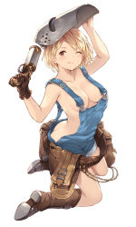 Rule 34 | 1girl, ;q, arm up, ass, bare shoulders, belt, belt pouch, blonde hair, blush, boots, breasts, brown eyes, brown footwear, brown gloves, butt crack, cait aron, chain, collarbone, commentary, djeeta (granblue fantasy), downpants, full body, gloves, granblue fantasy, gun, highres, holding, holding gun, holding weapon, knee boots, kneeling, mechanic (granblue fantasy), medium breasts, monochrome, naked overalls, one eye closed, overalls, pouch, short hair, simple background, solo, tareme, thighs, tongue, tongue out, twisted torso, v-shaped eyebrows, weapon, welding mask, white background