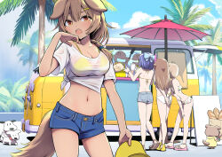 Rule 34 | 2boys, 2others, 5girls, a-chan (hololive), animal ears, bikini, bikini under clothes, blue shorts, bow, braid, bread, breasts, brown eyes, brown hair, cartoon bone, character request, cleavage, cloud, commentary request, denim, denim shorts, dog, dog ears, dog girl, dog tail, flat chest, food, food truck, front-tie top, grey shorts, hair bow, hair ornament, hairclip, hand to own mouth, highres, hololive, inugami korone, inugami korone (dog), jacket, large breasts, listener (inugami korone), long hair, medium breasts, midriff, motor vehicle, multiple boys, multiple girls, multiple others, navel, open mouth, outdoors, palm tree, purple hair, ribbon, sabaku chitai, sandals, see-through, shirt, short hair, short shorts, short sleeves, shorts, sky, swimsuit, tail, thighs, tokino sora, tree, twin braids, umbrella, van, virtual youtuber, white bikini, white shirt, yellow bikini, yellow jacket