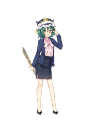Rule 34 | 1girl, :d, alternate hairstyle, bekotarou, blouse, full body, glasses, green eyes, green hair, hat, jacket, legs, long sleeves, looking at viewer, open clothes, open jacket, open mouth, pencil skirt, red-framed eyewear, rod of remorse, shiki eiki, shirt, short hair, simple background, skirt, smile, solo, standing, touhou, white background, white shirt